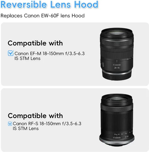 Vista 2 de JJC EW-60F Parasol reversible para lente Canon RF-S 18-150mm F3.5-6.3 is STM en EOS R7 R10 y para lente Canon EF-M 18-150mm F3.5-6.3 is STM en EOS