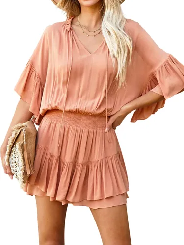 Vista 3 de Umenlele Women's V Neck Layer Ruffle Hem Short Sleeve Mini Dress
