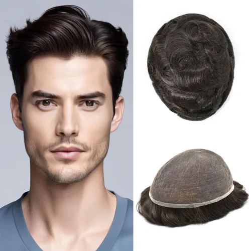 Vista 83 de Peluca de cabello humano con encaje completo, línea capilar real, para hombre, peluca de cabello con nudo blanqueado, pieza de pelo para hombres