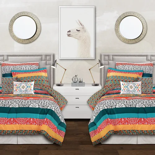Vista 10 de Lush Decor Juego de edredón reversible de 7 piezas con rayas bohemias, tamaño King, color ciruela