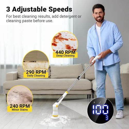 Vista 4 de Depurador eléctrico giratorio, 4000 mAh, limpiador eléctrico inalámbrico de hasta 550 RPM con 9 cabezales de cepillo reemplazables, 3 fregadores
