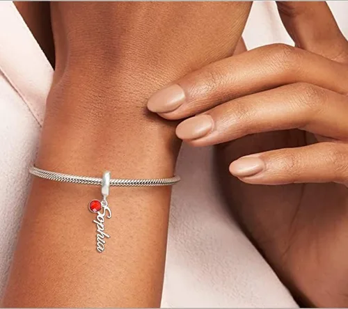 Vista 3 de CharmSStory Dijes personalizados con nombre de piedra natal para pulseras Pandora, cuentas colgantes de cumpleaños y Navidad para mujeres
