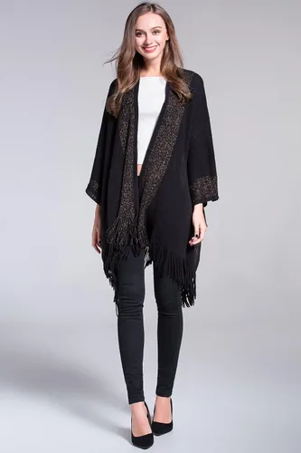 Vista 3 de ZLYC - Abrigo de mujer con bordes dorados, tipo cobija tejida. Poncho con flecos