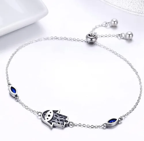 Vista 5 de BISAER Pulsera de mano de Fátima de mal de ojo azul real con dije de plata de ley 925 con cadena de circonita cúbica ajustable para mujer