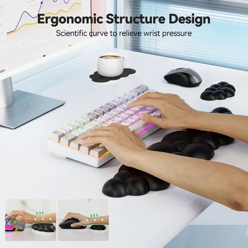 Vista 3 de TECKNET Cloud - Juego de reposamuñecas para teclado, reposamuñecas Cloud con base antideslizante, almohadilla de muñeca de cuero PU para teclado