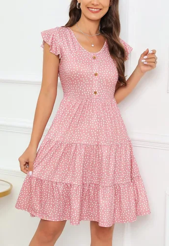 Vista 5 de Lamilus Vestidos de verano para mujer 2023, casual, cuello en V, botones, manga con volantes, corto, escalonado, para la playa, vestidos de verano