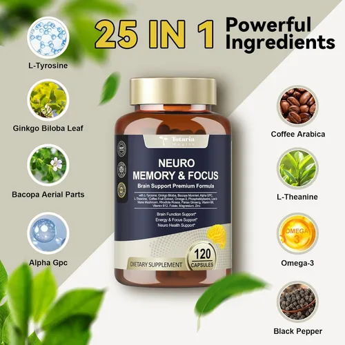 Vista 2 de Suplementos cerebrales 25 en 1 para la memoria, la concentración y la salud neurológica, suplemento cognitivo nootrópico diario para el cerebro