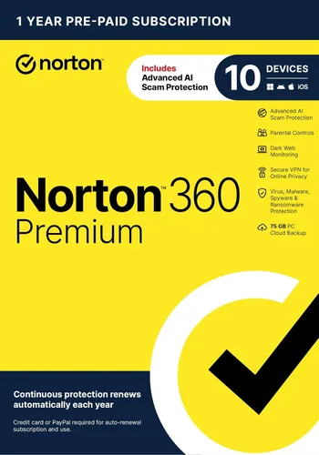 Vista 8 de Norton 360 Premium, 2023 Ready, software antivirus para 10 dispositivos con renovación automática, incluye VPN, copia de seguridad en la nube de PC