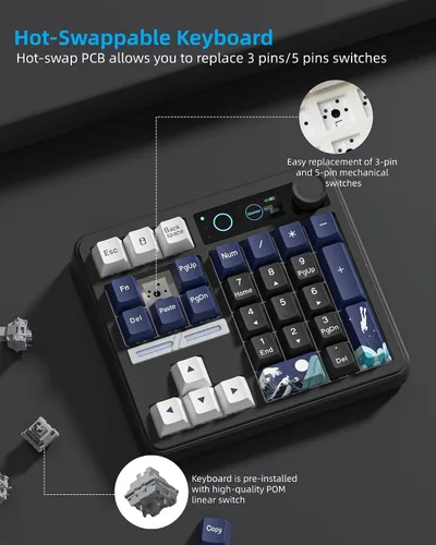 Vista 7 de Womier SK30 - Teclado mecánico con pantalla y perilla, color negro Bluetooth/2.4G/USB-C Wireless Numeric Keypad,Macro Software RGB Number Pad