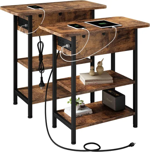 Vista 8 de LIDYUK Mesa auxiliar con estación de carga, mesa auxiliar abatible con puertos USB y tomas, mesita de noche para espacios pequeños, mesitas de noche