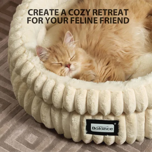 Vista 6 de BALANCE Cama para gatos, cama redonda lavable para gatos de interior, cama de felpa súper suave de piel sintética para cachorros y gatitos con parte