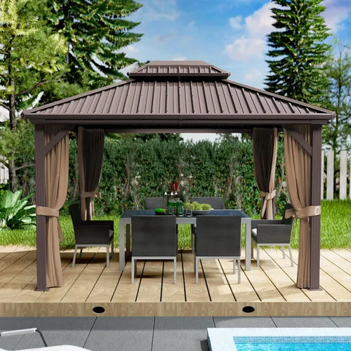 Vista 16 de Kozyard Caesar - Cenador de techo rígido de 10 x 10 pies, pabellón permanente de metal con malla y cortinas sombreadas para patio, patio trasero