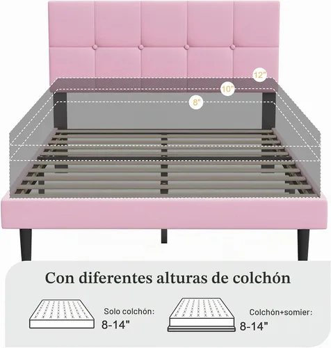 Vista 8 de Base de cama de plataforma de terciopelo de tamaño matrimonial con cabecera tapizada y soporte de listones resistentes, diseño con botones,