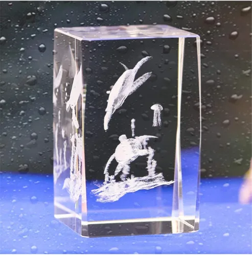 Vista 4 de Figura de tortuga marina de cristal de cristal, adorno grabado con láser 3D, escultura y estatua, grabado en cubo de cristal de animal con caja