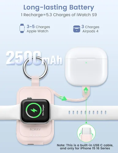 Vista 3 de RORRY CharmGo - Cargador para Apple Watch, cargador portátil de 2500 mAh Rosa