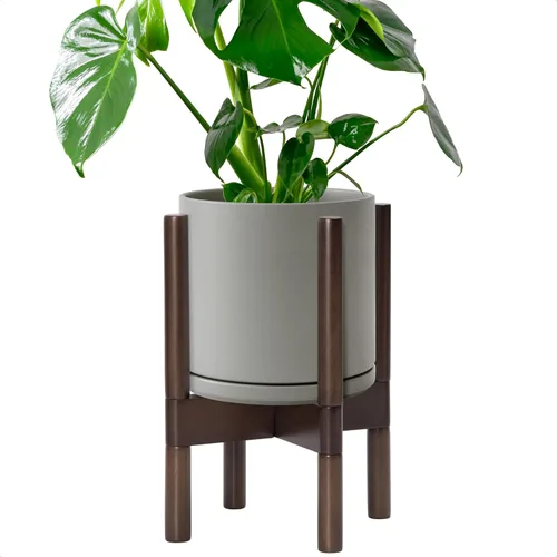 Vista 59 de D'vine Dev Maceta de cerámica con soporte de ébano – Maceta redonda moderna de 8 pulgadas con soporte para maceta de madera, color negro, 55-B-M-2