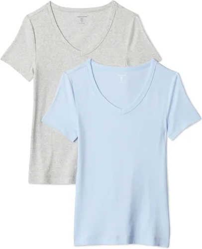 Vista 22 de Amazon Essentials Camiseta ajustada de manga corta con cuello en V para mujer, paquete de 2 Negro