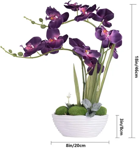 Vista 7 de Planta de orquídea artificial grande en maceta, arreglo floral de seda con jarrón de cerámica, morado oscuro