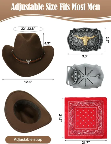 Vista 3 de Toulite 4 piezas de trajes occidentales para hombre, chaleco con borla, sombrero y hebilla de cinturón, bandana de cachemira para Halloween, cosplay