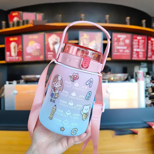 Vista 4 de BXCNCKD Botella de agua Kawaii, bonita botella de agua con pajita degradada, botella de agua portátil para exteriores, bonita botella de agua