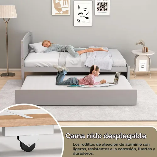 Vista 4 de Cama nido individual, marco de cama extraíble de madera maciza, cama de día extensible con cabecera y soporte de listones de madera sólida Gris