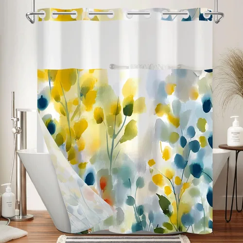 Vista 29 de No Hook Geometric Shower Curtain with Snap in Liner - 71″W x 74″L Waterproof Fabric with Mesh Top Window, Modern Abstract Triangle Design Bath