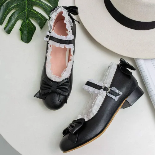 Vista 6 de LUXMAX Zapatos Mary Jane Rockabilly Zapatos planos de encaje con lazo para mujer