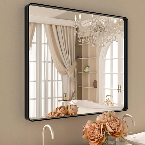 Vista 10 de Espejo de Baño Negro de 22 x 30 Pulgadas, Espejo de Pared Rectangular para Baño, Espejo con Esquinas Redondeadas y Marco de Metal Negro Mate