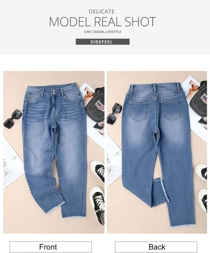 Vista 8 de Sidefeel Jeans de cintura alta para mujer, con dobladillo sin procesar, pierna recta, pantalones de mezclilla