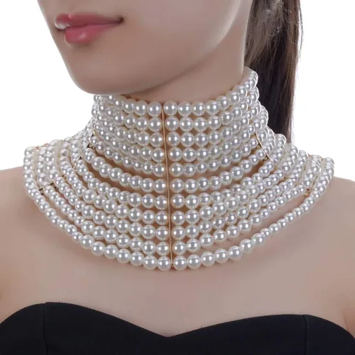 Vista 2 de Collar grueso de la declaración de la joyería de la moda, collar de perlas simuladas del babero del traje