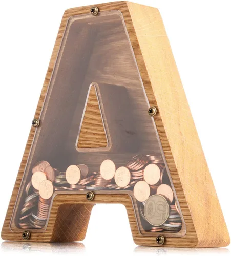 Vista 4 de Alcancía de madera personalizada con letra para niños, niñas y adultos, bancos de monedas de madera de roble duradero, 3 tamaños para elegir