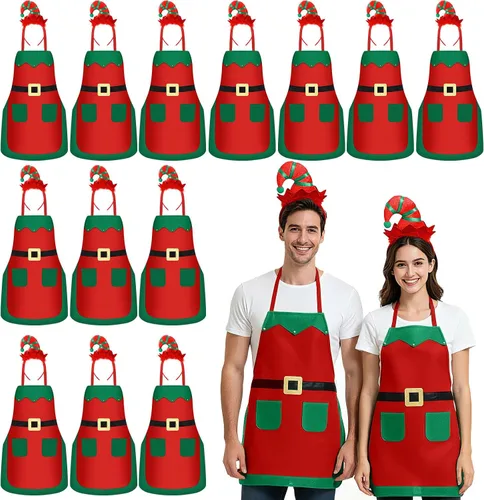 Vista 8 de Toulite Juego de 24 delantales de elfo de Navidad con diademas, disfraces de fiesta de Navidad, delantales a granel para adultos y niños para hornear
