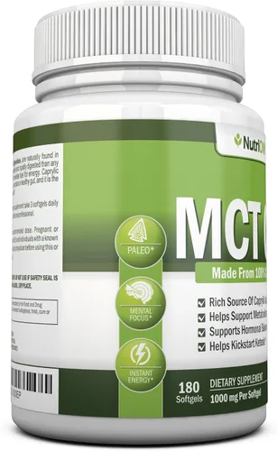 Vista 4 de NutriONN Aceite MCT, 3000 mg por porción, 180 cápsulas blandas, hecho de cocos 100% orgánicos, sin OMG, prensado en frío, cápsulas aptas para paleo