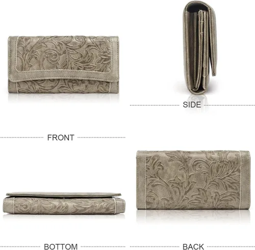 Vista 26 de MEITRUE Cartera de cuero para mujer, con bloqueo RFID, triple pliegue, con relieve, soporte para tarjetas, organizador de chequera para teléfono