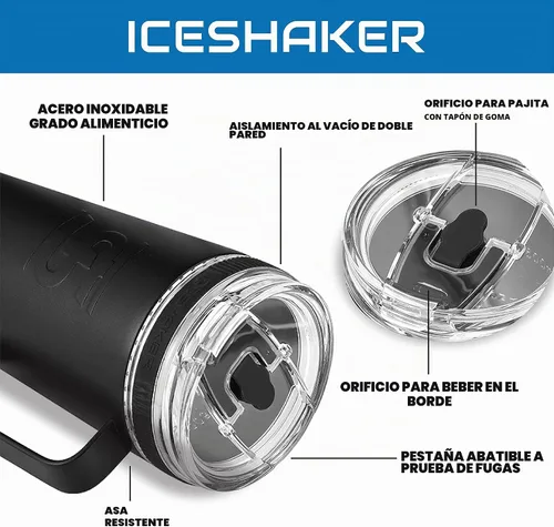 Vista 3 de Ice Shaker Botella de agua aislada con asa y popote reutilizable, botella de agua de acero inoxidable, como se vio en Shark Tank, botella de agua