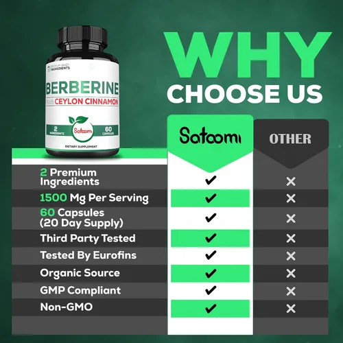 Vista 4 de Satoomi Suplemento de berberina de 1500 mg con canela de Ceilán, extra fuerte para el sistema inmunológico, la salud digestiva, el manejo del cuerpo