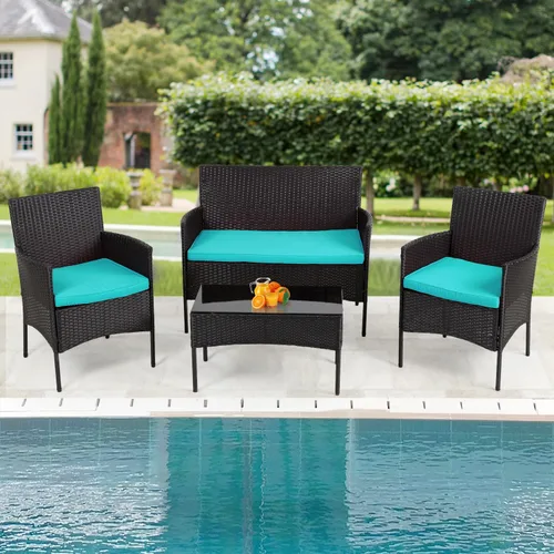 Vista 3 de Juego de 4 muebles modulares para exteriores, juego de muebles de mimbre resistentes al agua con 3 sillas de ratán, 1 cojín de mesa con tapa