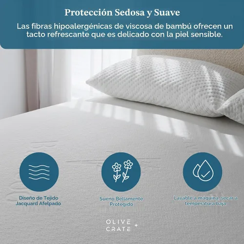 Vista 8 de Olive + Crate Protector de colchón de bambú 100% viscosa, funda de colchón de refrigeración ecológica, protección hipoalergénica impermeable