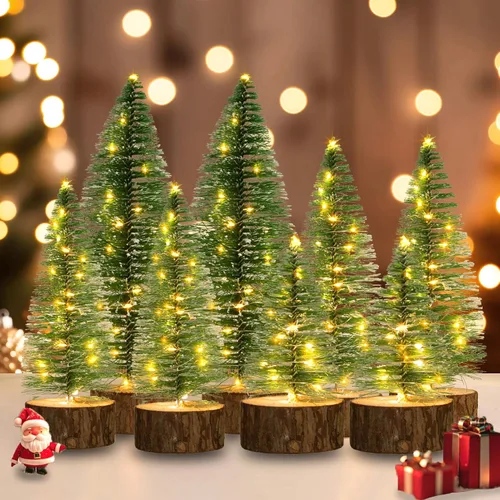 Vista 9 de 4 mini árboles de Navidad con luces, 4 tamaños de árboles de Navidad artificiales Battery Powered Bottle Brush Christmas Trees with 2 Modes Timer