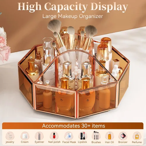 Vista 3 de CoralHouse Organizador de maquillaje giratorio de 360° con soporte para brochas de maquillaje para encimera, almacenamiento de baño, cuidado