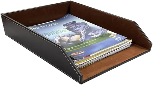 Vista 3 de UnionBasic Bandeja apilable de papel para documentos, bandeja organizadora de archivos de escritorio de piel sintética, color marrón