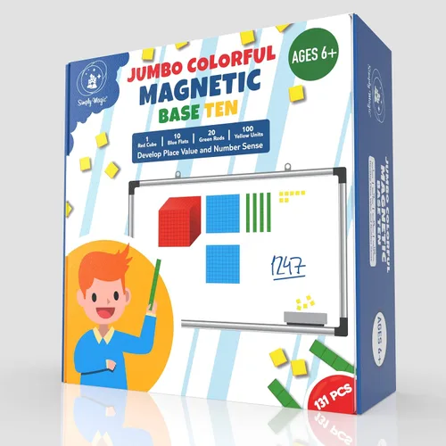 Vista 9 de 131 bloques de base magnética jumbo para matemáticas, bloques de valor posicional, base de 10 manipuladores matemáticos K-3, bloques de números