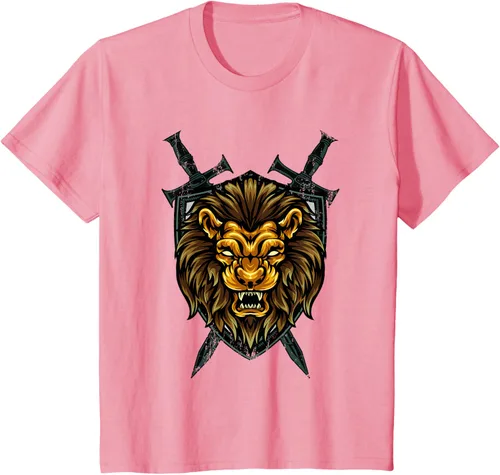 Vista 86 de Camiseta con diseño de caballero medieval renacentista, con diseño de espada de león, Negro, S