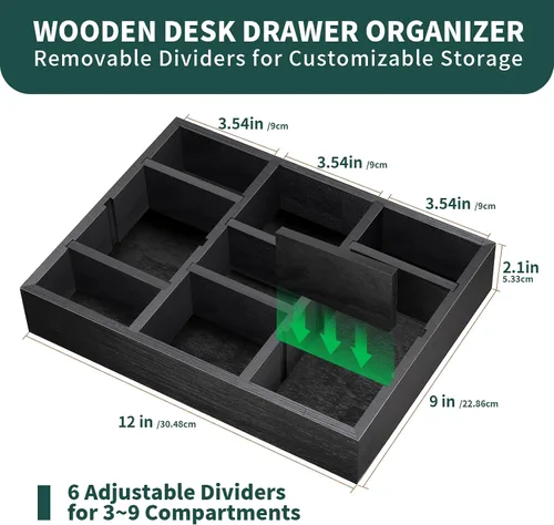 Vista 2 de Organizador de cajones de escritorio de madera, organizador de oficina y caja de almacenamiento de 9 ranuras, bandeja de escritorio ajustable