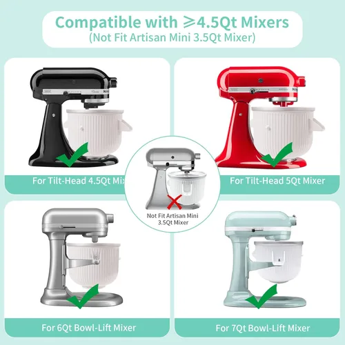 Vista 6 de Accesorio para helado compatible con mezcladores KitchenAid de 4.5/5/6/7 cuartos de galón, hace 2 cuartos de helado, compatible con accesorio
