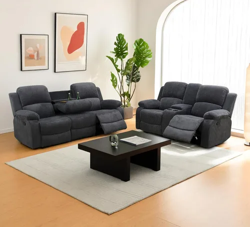 Vista 15 de Juego de sofá reclinable manual para sala de estar, juego de muebles de 3 piezas, sofá reclinable de tela Courduroy y dos sillas con mesa Azul