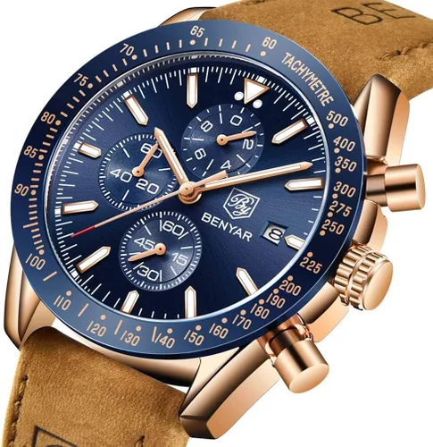 Vista 2 de BENYAR - Relojes de cuarzo para hombre cronógrafo de lujo impermeables a la moda de cuero marrón para hombre
