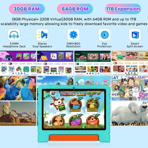 Vista 3 de Tableta infantil 2025 con Android 15 de 10 pulgadas para niños Octa-Core, 30GB+64GB (TF 1TB), tableta para niños pequeños con funda a prueba