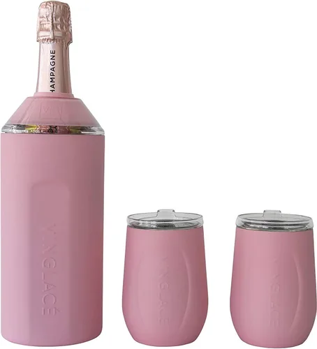 Vista 12 de Vinglacé Juego de regalo enfriador de botellas de vino, enfriador de vino portátil de acero inoxidable con 2 copas de vino sin tallo, color negro