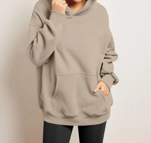 Vista 4 de Sudadera casual con capucha para mujer, de gran tamaño, manga larga, con bolsillos, color liso